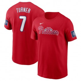 Men's Philadelphia Phillies Trea Turner Red 2024 MLB World Tour London Series Name & Number T-Shirt